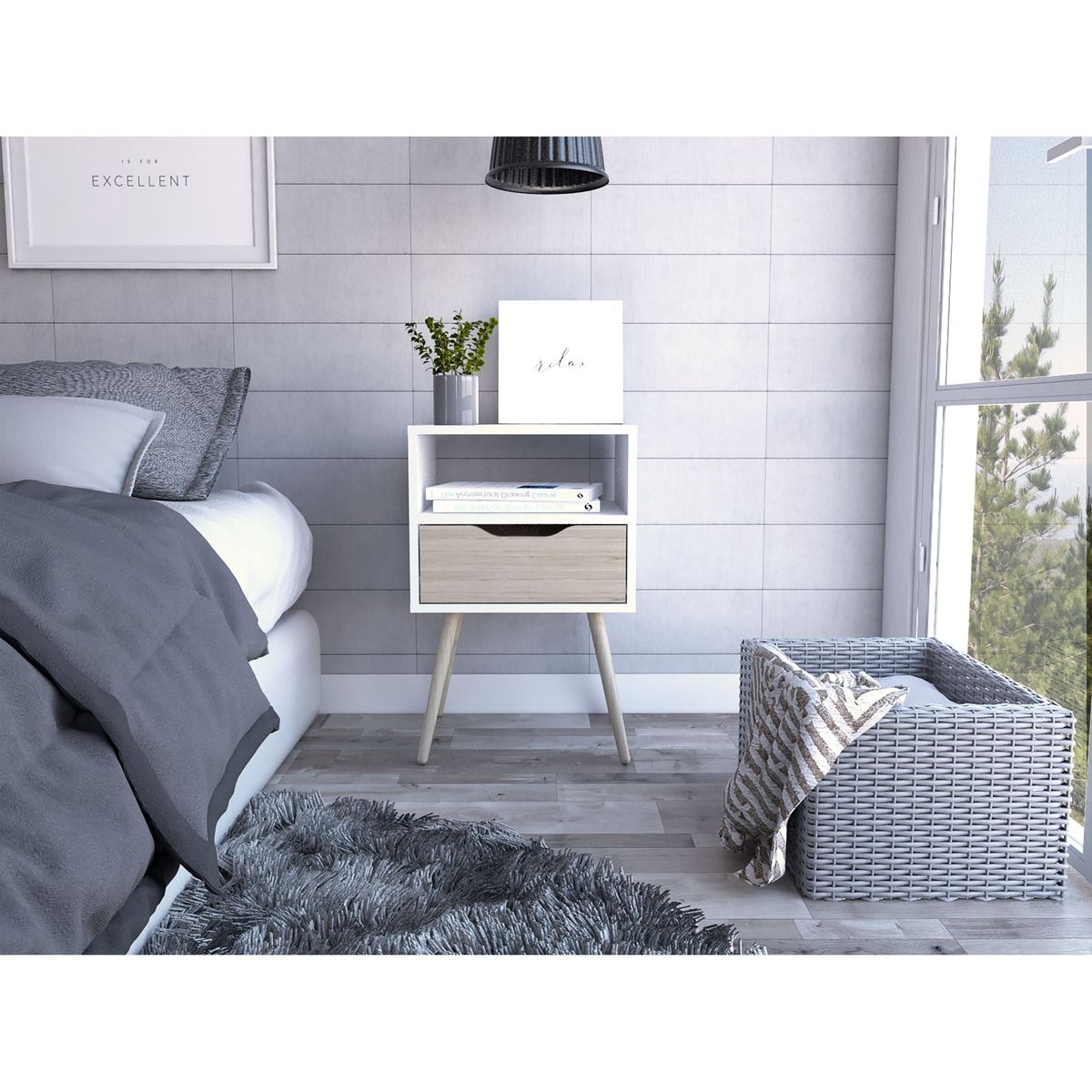 TUHOME - Velador Otom 1 Cajón Blanco Y Rovere 63x40x35 Cm