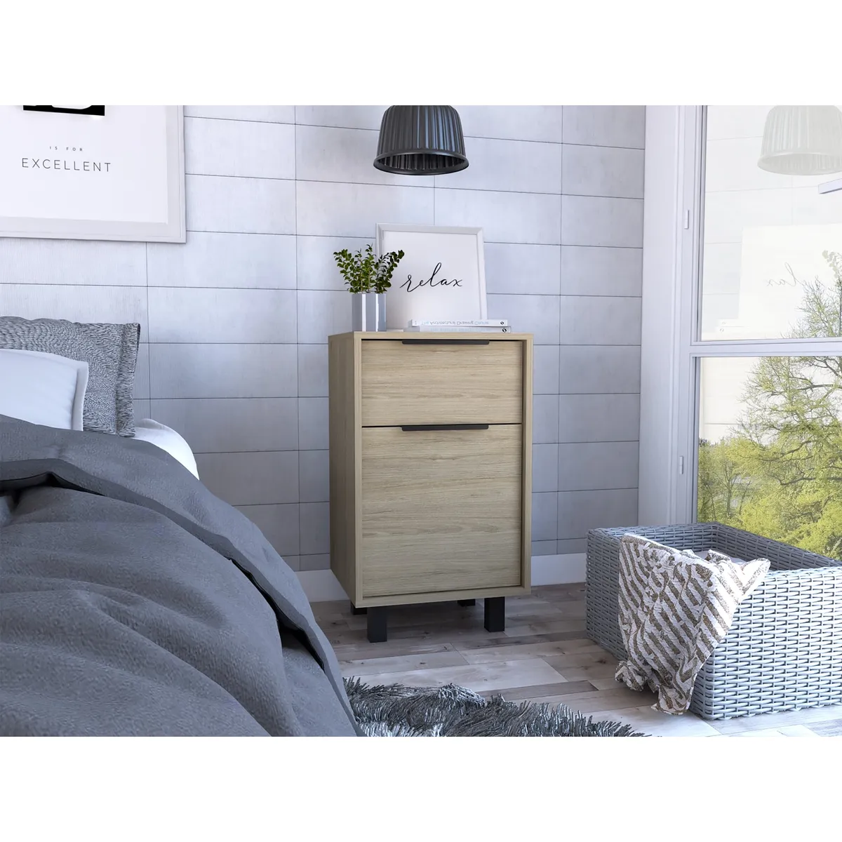 TUHOME - Velador Kaia 1 Cajón 1 Puerta Rovere Y Blanco 70x41x36 Cm