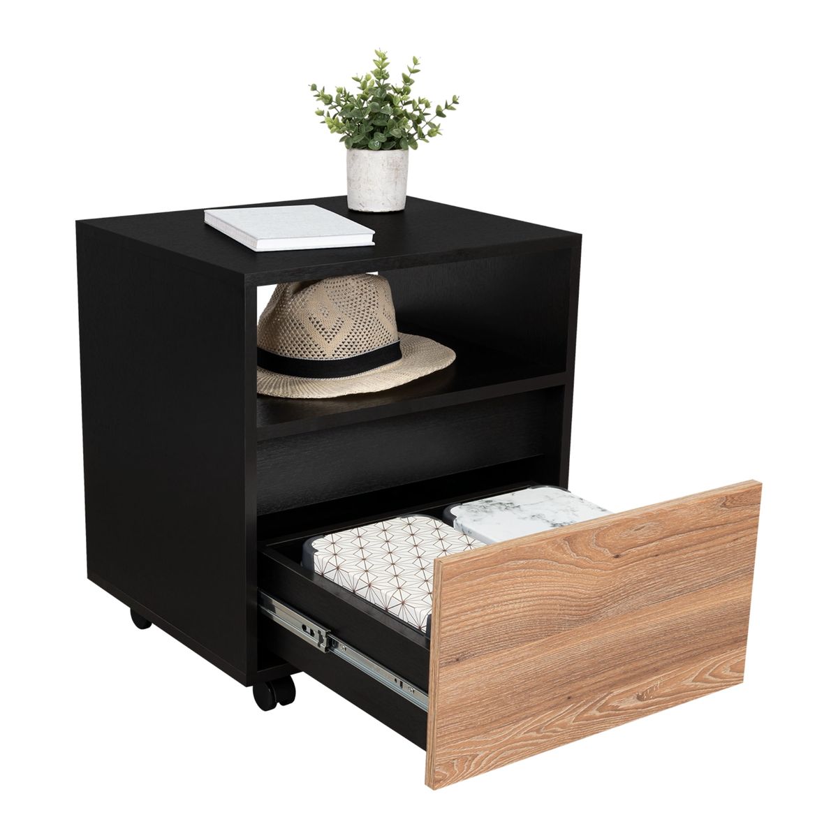 TUHOME - Velador Austin 1 Cajón Wengue Y Lenno 52x48x40 Cm Con Ruedas