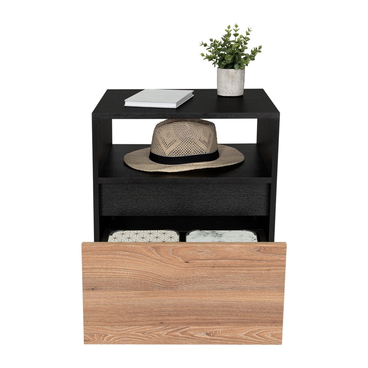 TUHOME - Velador Austin 1 Cajón Wengue Y Lenno 52x48x40 Cm Con Ruedas