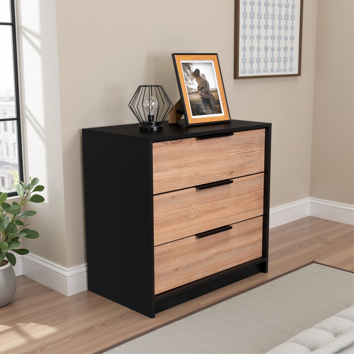 TUHOME - Comoda 3 Cajones - Negro y Café Claro 68.7x70x41.3 cm