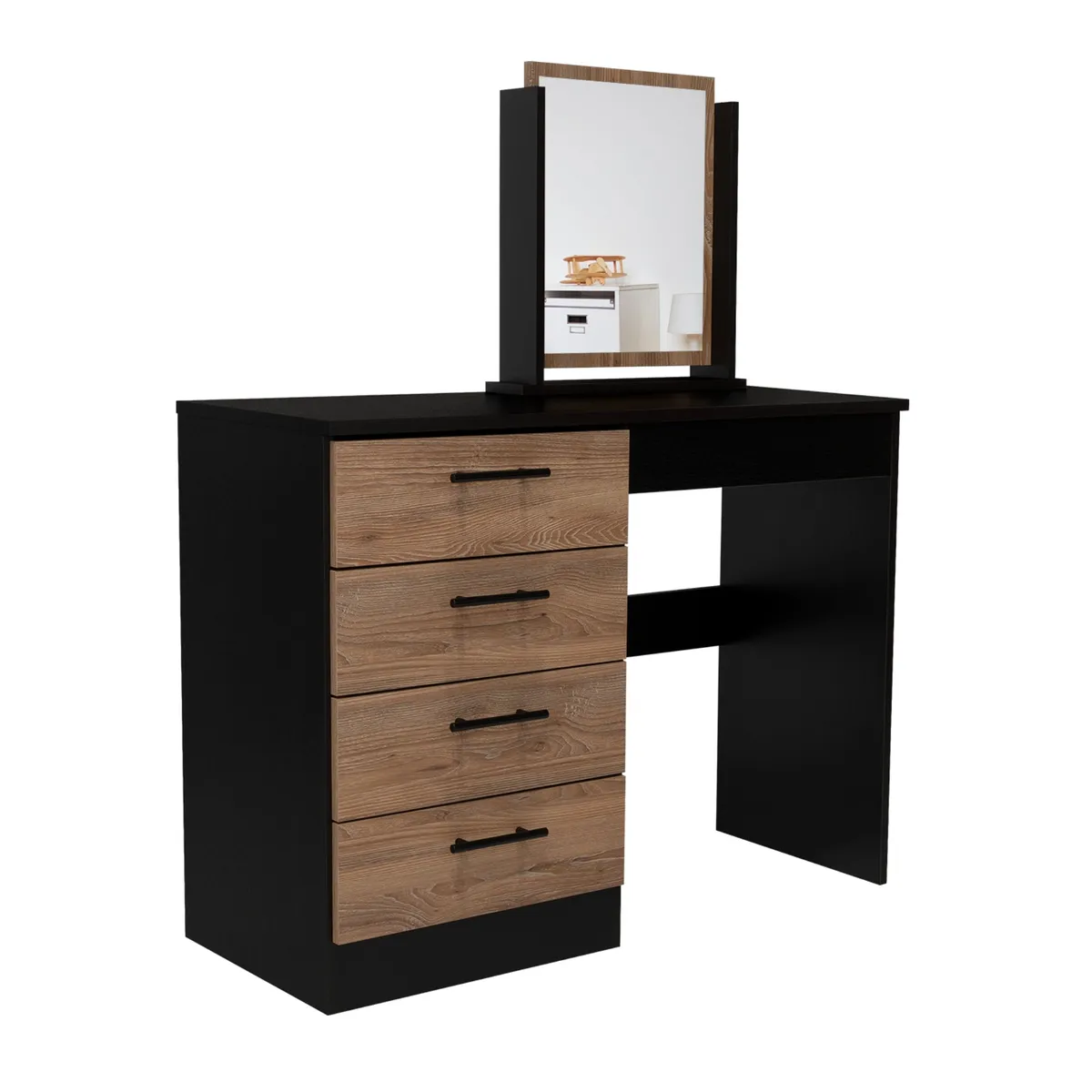 TUHOME - Mueble Tocador Con Espejo y 4 Cajones - Negro y Café Claro 126.7x100x42.5 cm