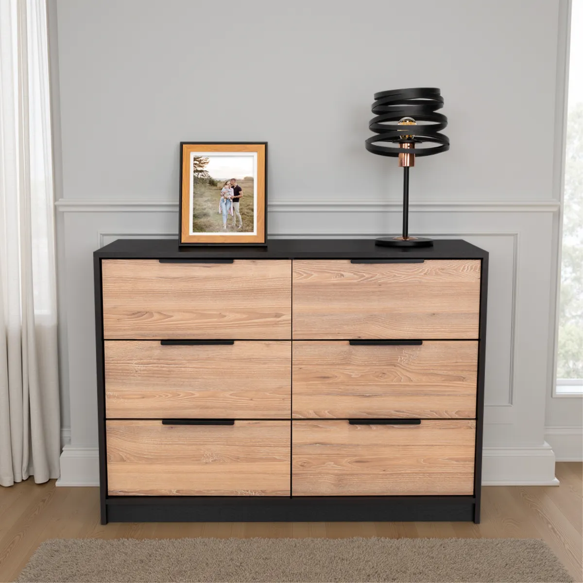 TUHOME - Comoda 4 Cajones 2 Puertas - Negro y Café Claro 77.6x107x41.3 cm