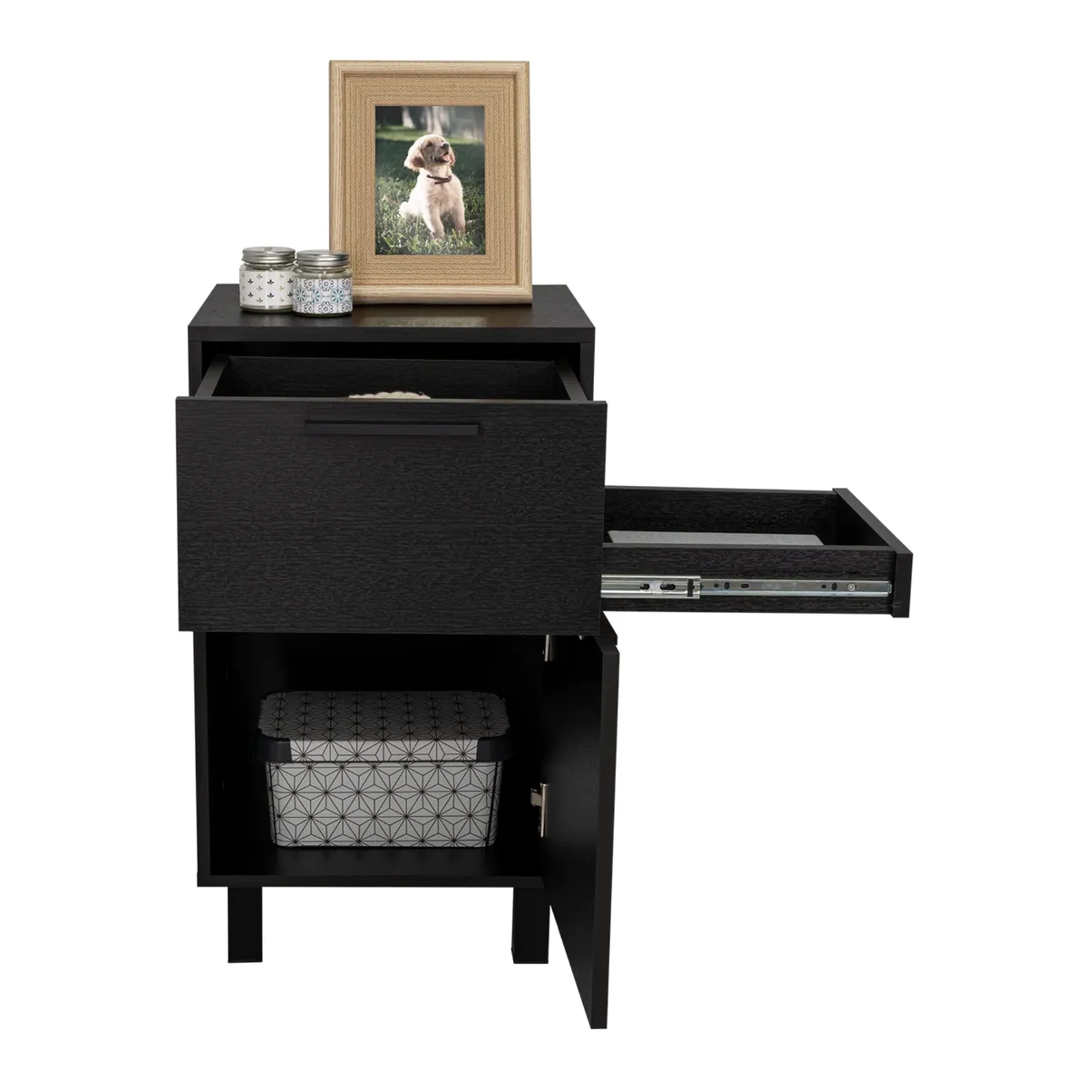 TUHOME - Velador 1 Cajón 1 Puerta 1 Cajón Secreto - Negro 70x41x36.3 cm