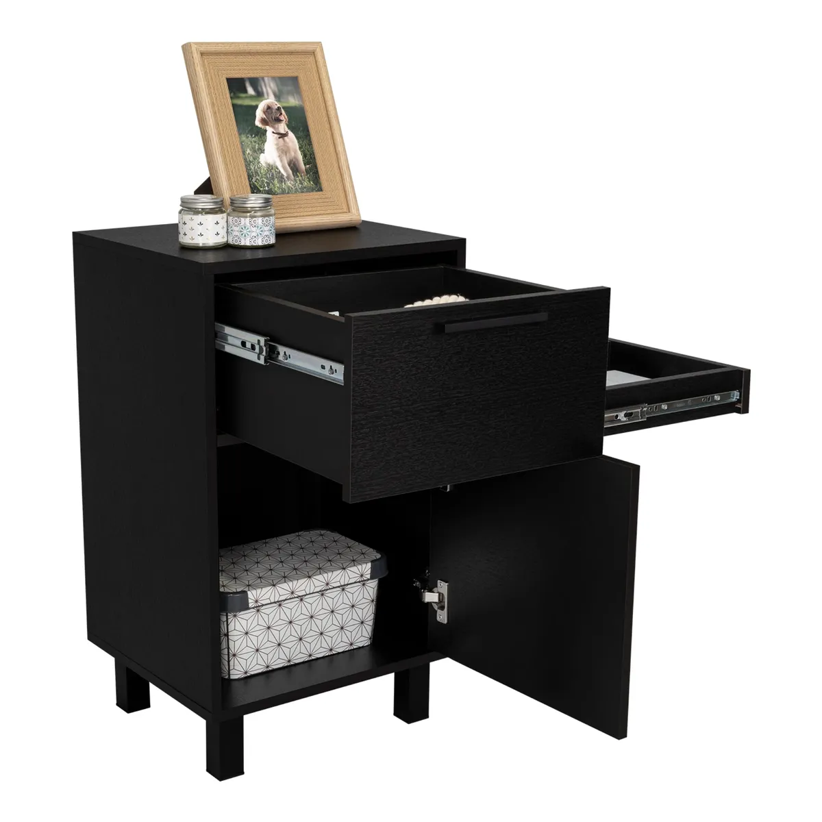 TUHOME - Velador 1 Cajón 1 Puerta 1 Cajón Secreto - Negro 70x41x36.3 cm