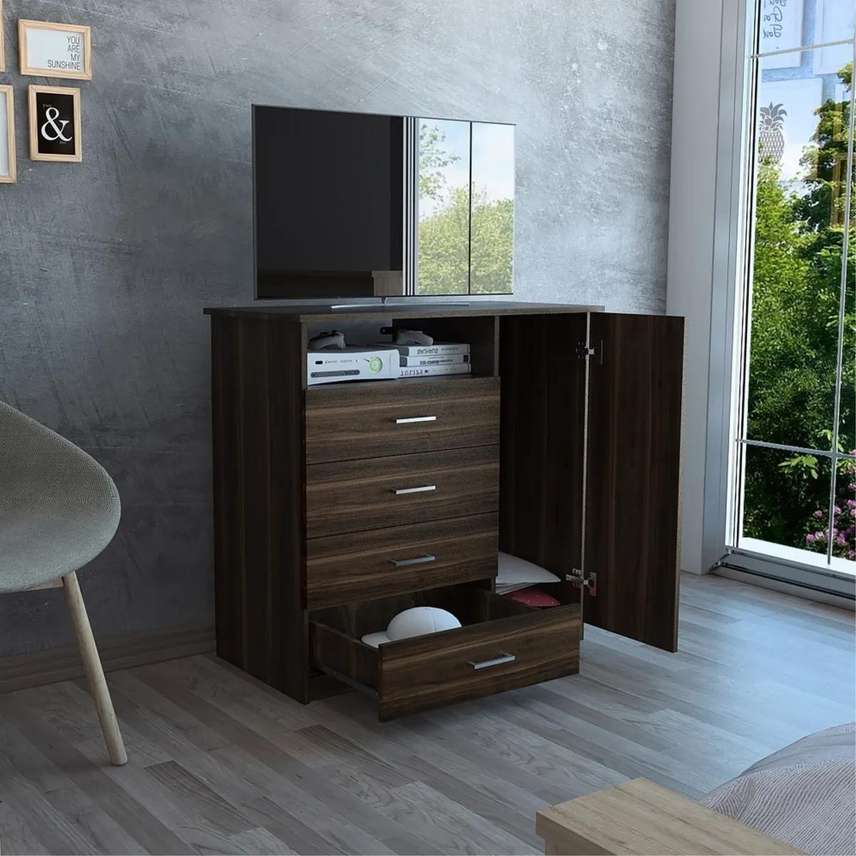 TUHOME - Cómoda Z-91 Tv 40 4 Cajones 1 Puerta Café Oscuro