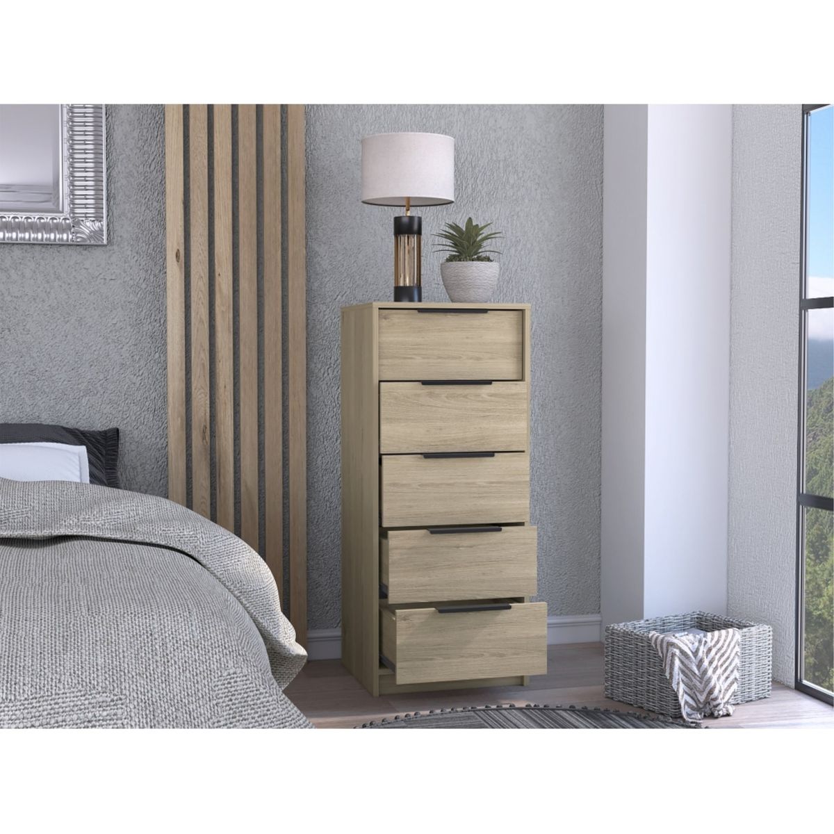 TUHOME - Cómoda Alta Kaia 5 Cajones Rovere Y Blanco 107x45x41 Cm