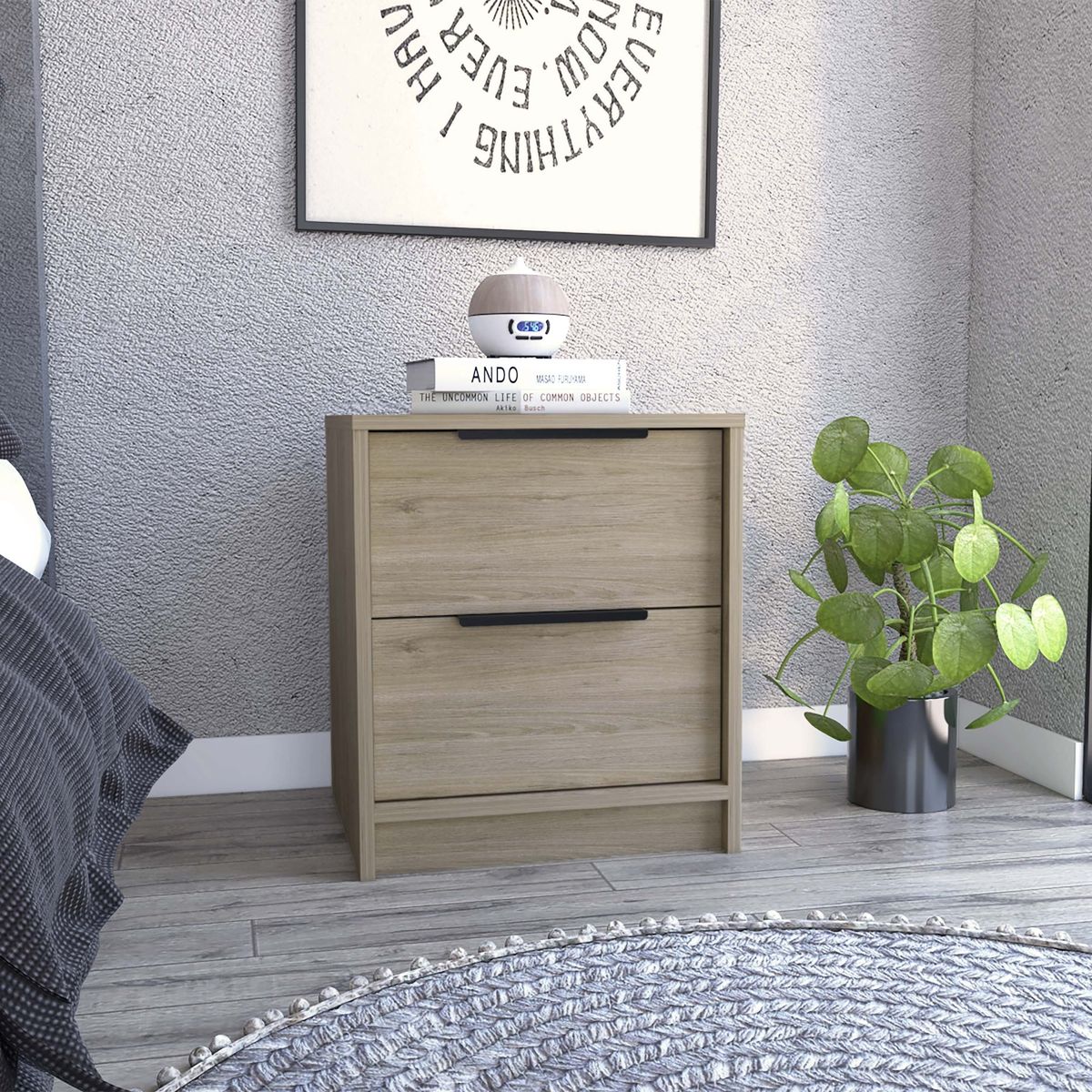 TUHOME - Velador Kaia 2 Cajones Rovere Y Blanco 48x41x36 Cm