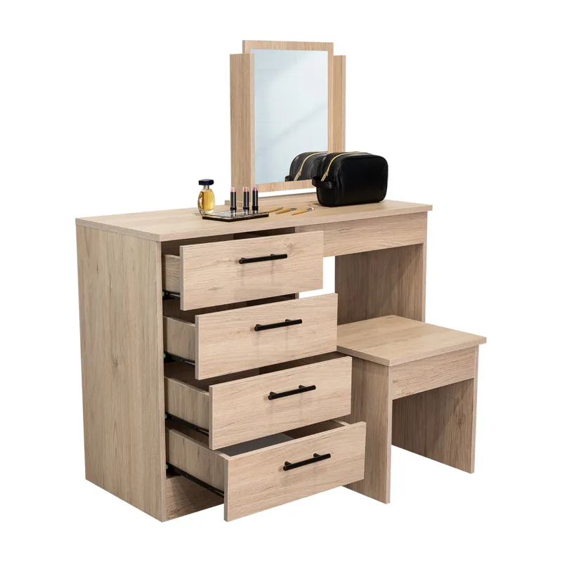 TUHOME - Mueble De Tocador Kaia 4 Cajones Rovere Y Blanco Con Silla 126x100x42 Cm