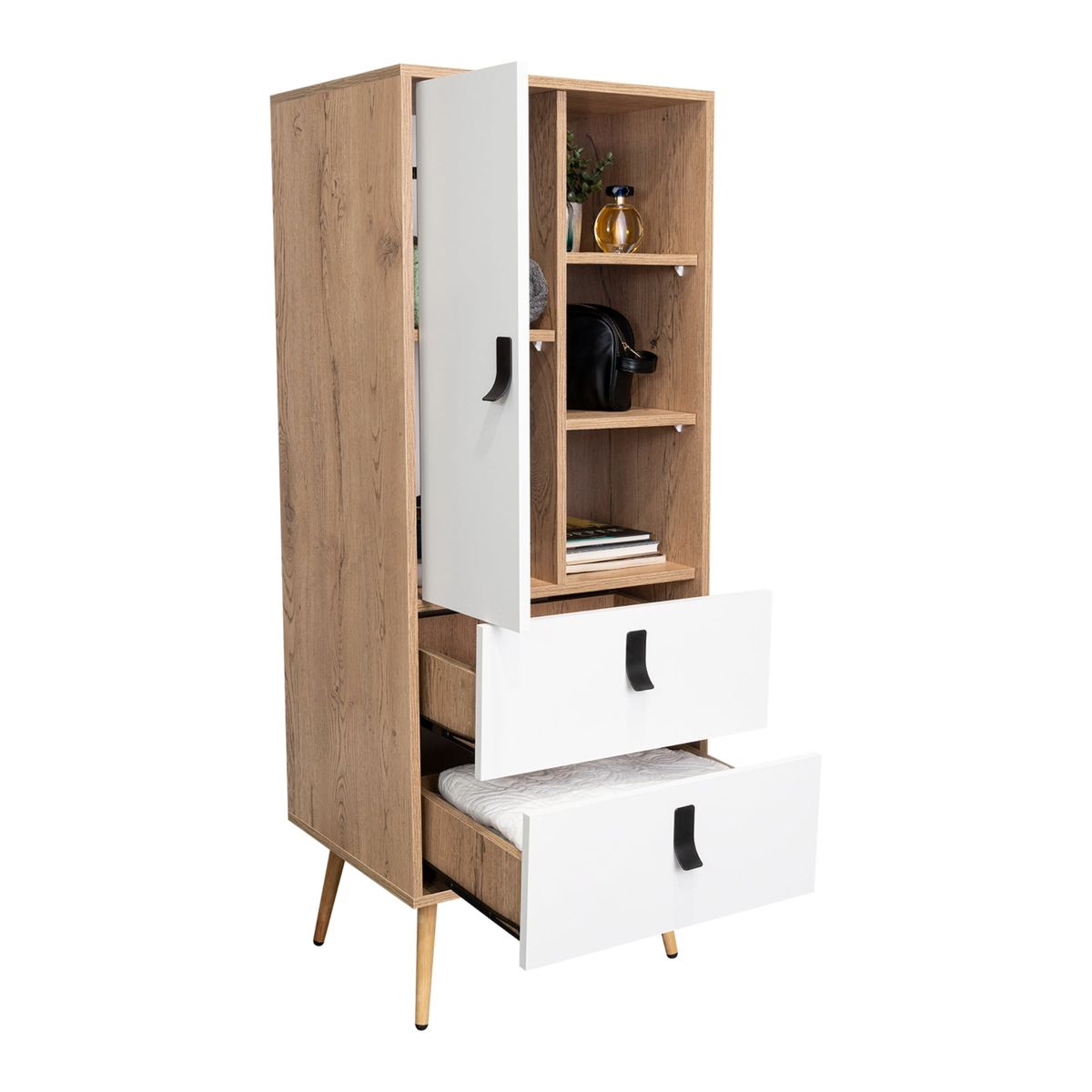 TUHOME - Comoda Alta 2 Cajones 1 Puerta - Café Claro y Blanco 132x51x42.2 cm