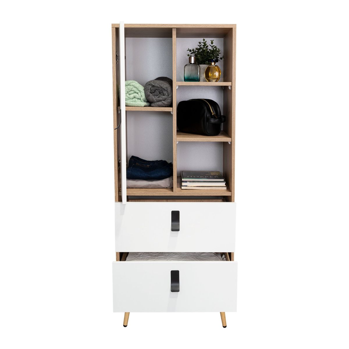 TUHOME - Comoda Alta 2 Cajones 1 Puerta - Café Claro y Blanco 132x51x42.2 cm