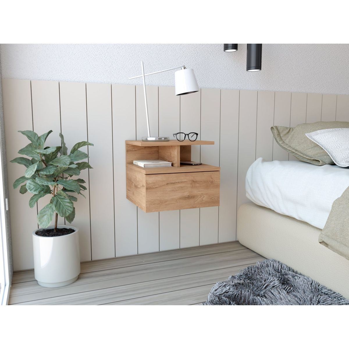 TUHOME - Velador Flotante 1 Cajón - Café Claro 29.5x35.6x33.6 cm