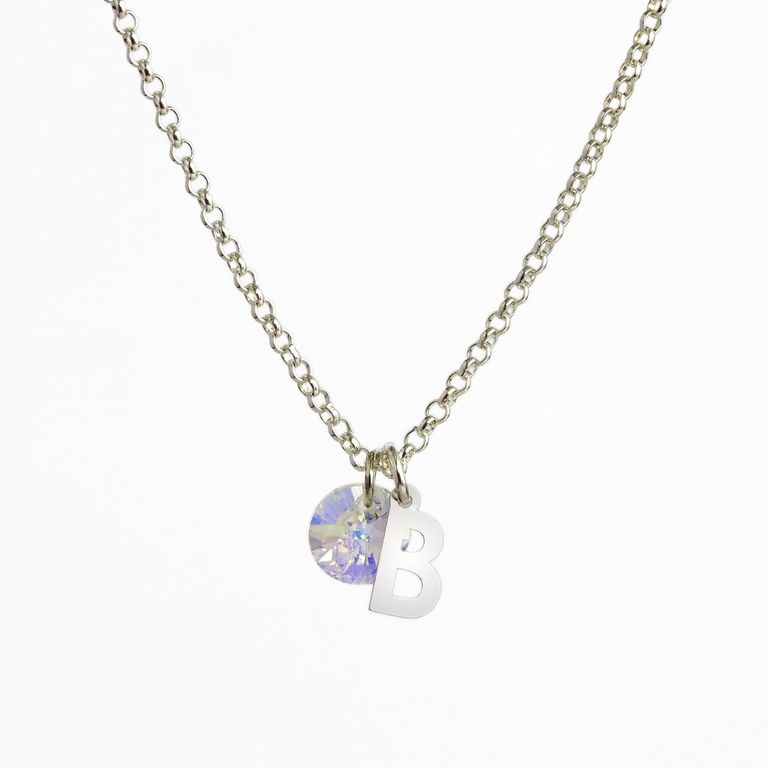 Cadena de Plata con Inicial y Cristal - B Plateado TALLA UNICA