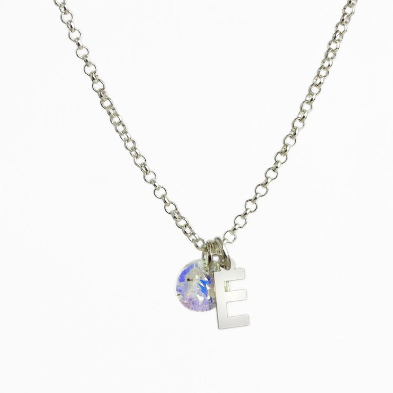 Cadena de Plata con Inicial y Cristal - E Plateado TALLA UNICA