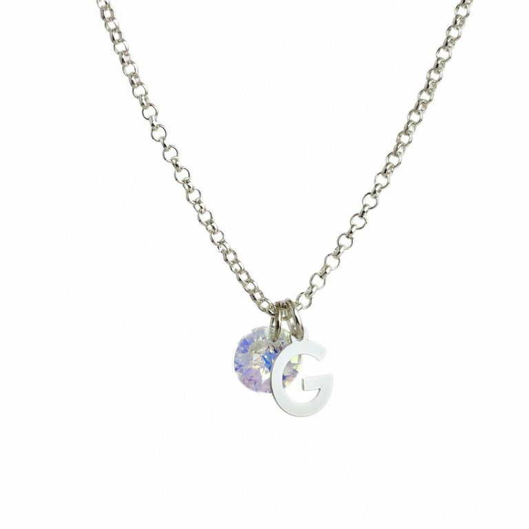 Cadena de Plata con Inicial y Cristal - G Plateado TALLA UNICA