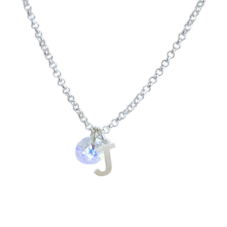 Cadena de Plata con Inicial y Cristal - J Plateado TALLA UNICA