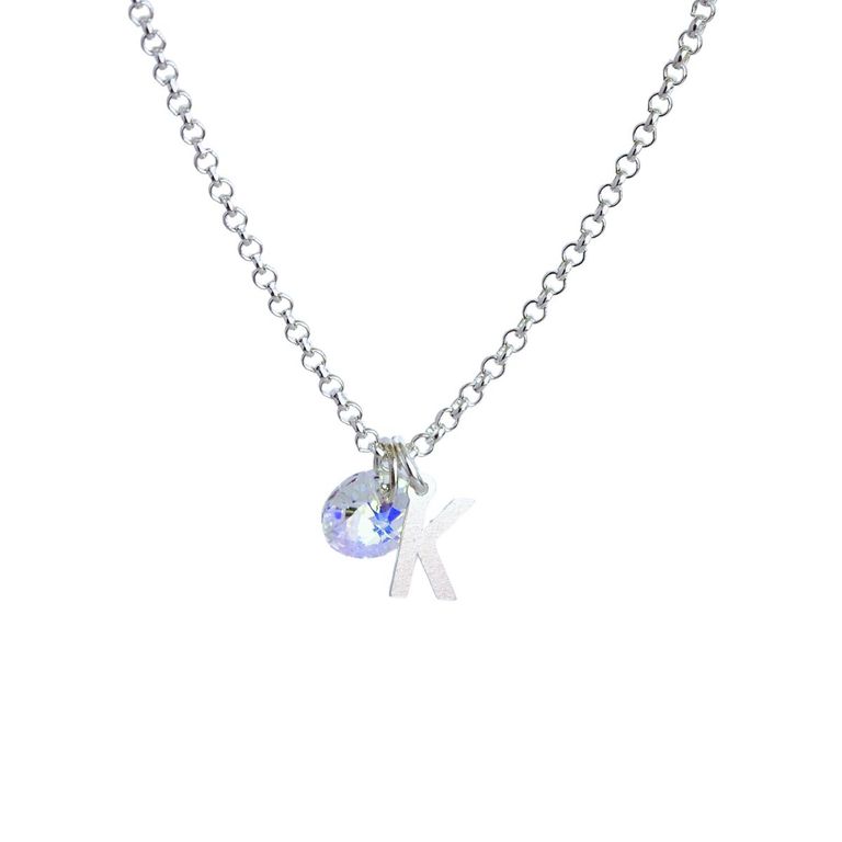 Cadena de Plata con Inicial y Cristal - K Plateado TALLA UNICA
