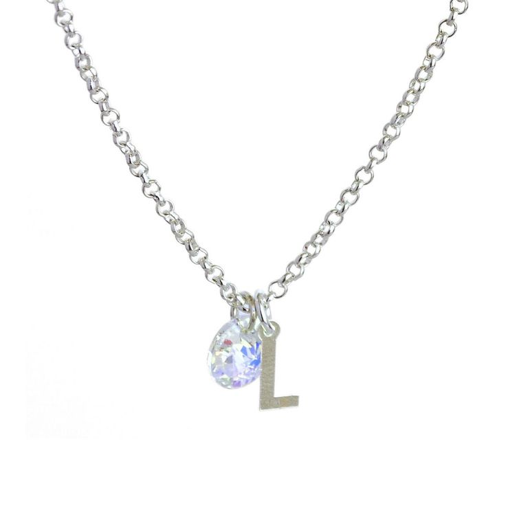 Cadena de Plata con Inicial y Cristal - L Plateado TALLA UNICA