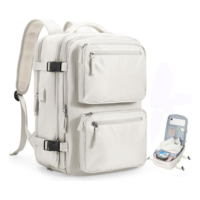 EVERSO - Mochila De Viaje Avión Cabina Expandible Usb 40L Blanco