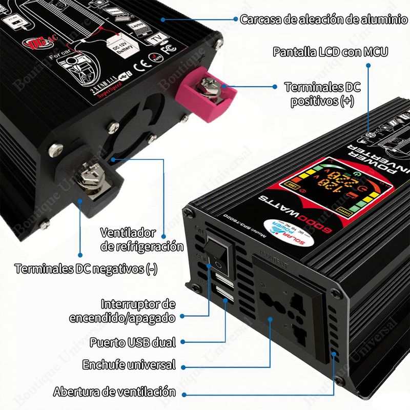 VERCI - 6000w Inversor De Corriente 12v A 220v  Negro Para Coche