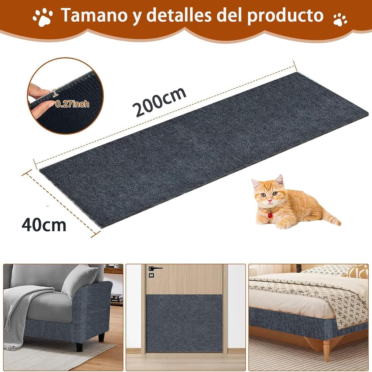 KUANGYE - Tapete Rascador Para Gatos Sofá Protector Adhesivo 40x200cm