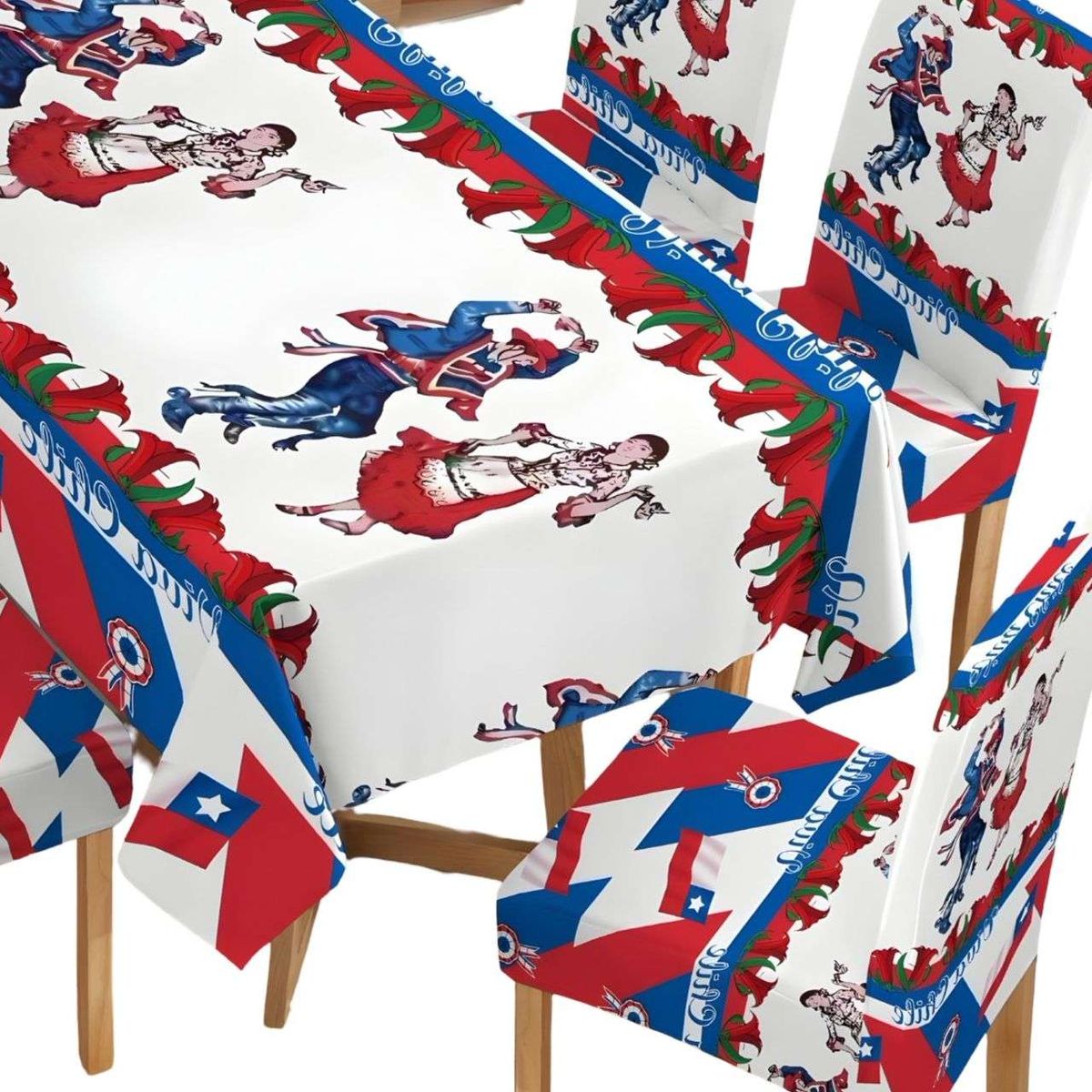 GENERICO - FIESTAS PATRIAS MANTEL DE TELA MAS FUNDAS DE SILLAS ELASTICADAS