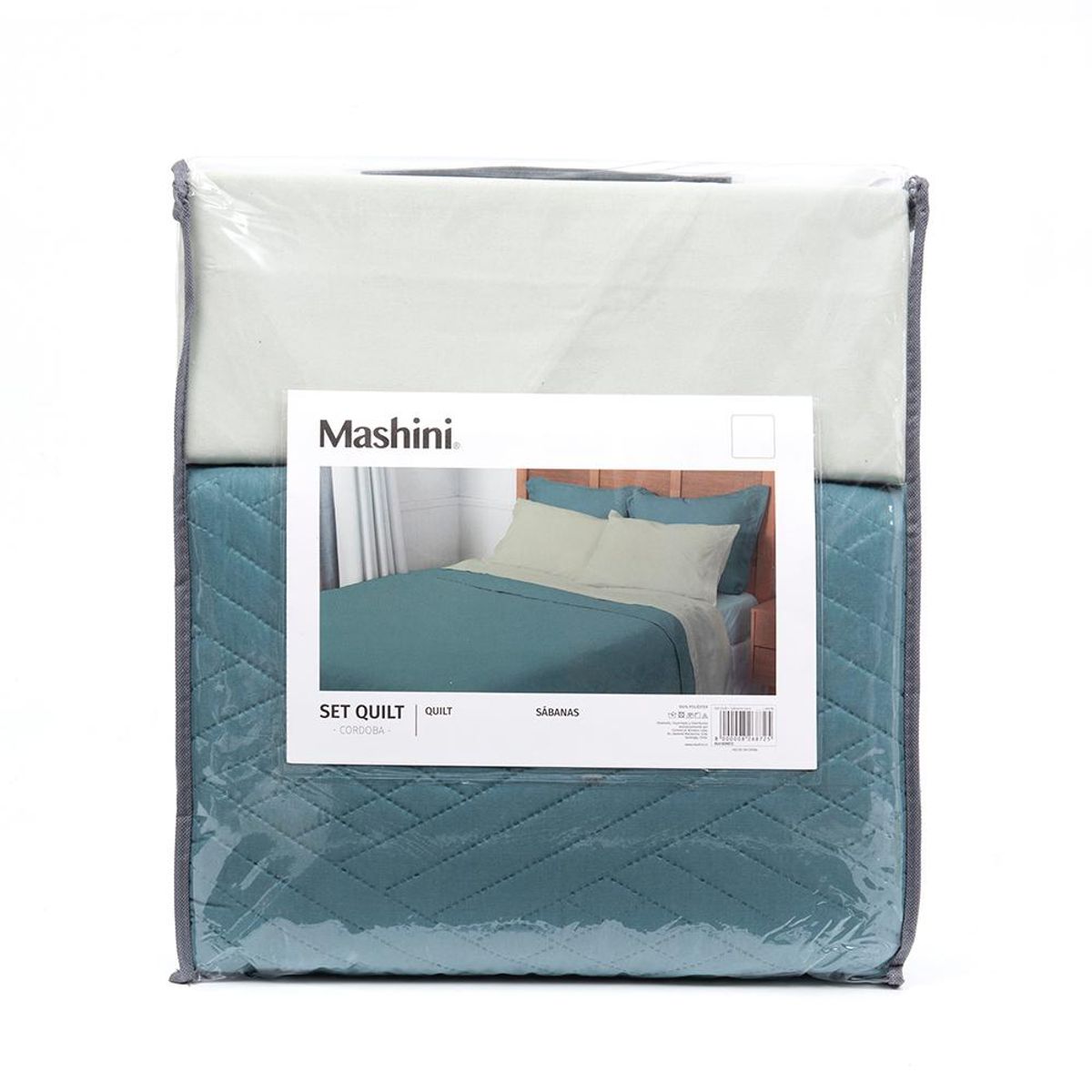 MASHINI - Set Quilt Cordoba + Sábanas 2 Plazas Microfibra Mashini Quilt Liso