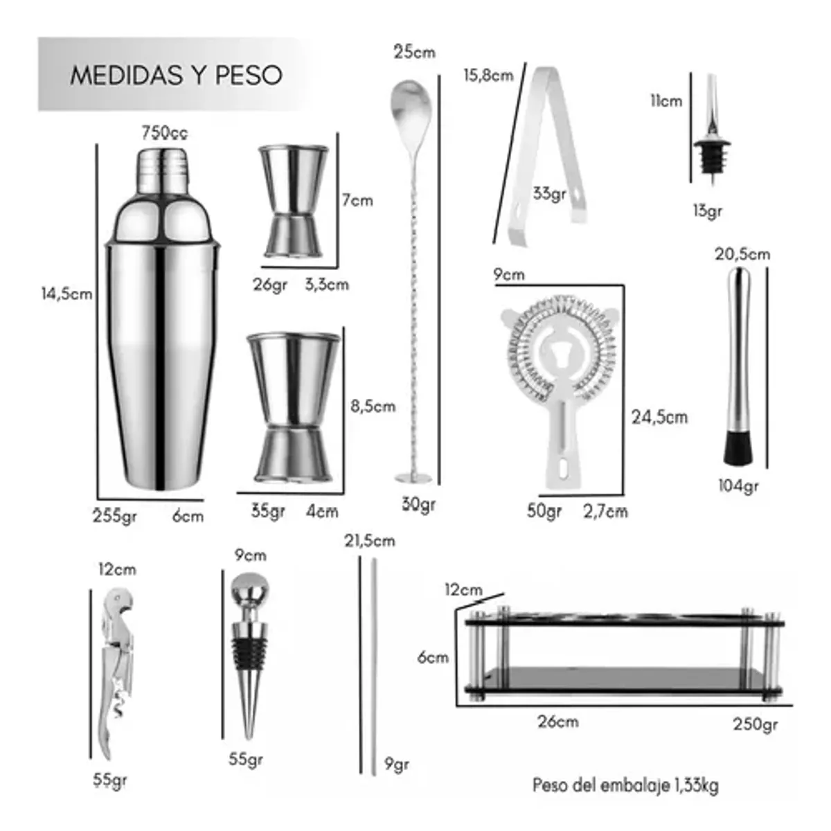 GENERICO - Coctelera set bartender bar 23 piezas inoxidable 750 ml