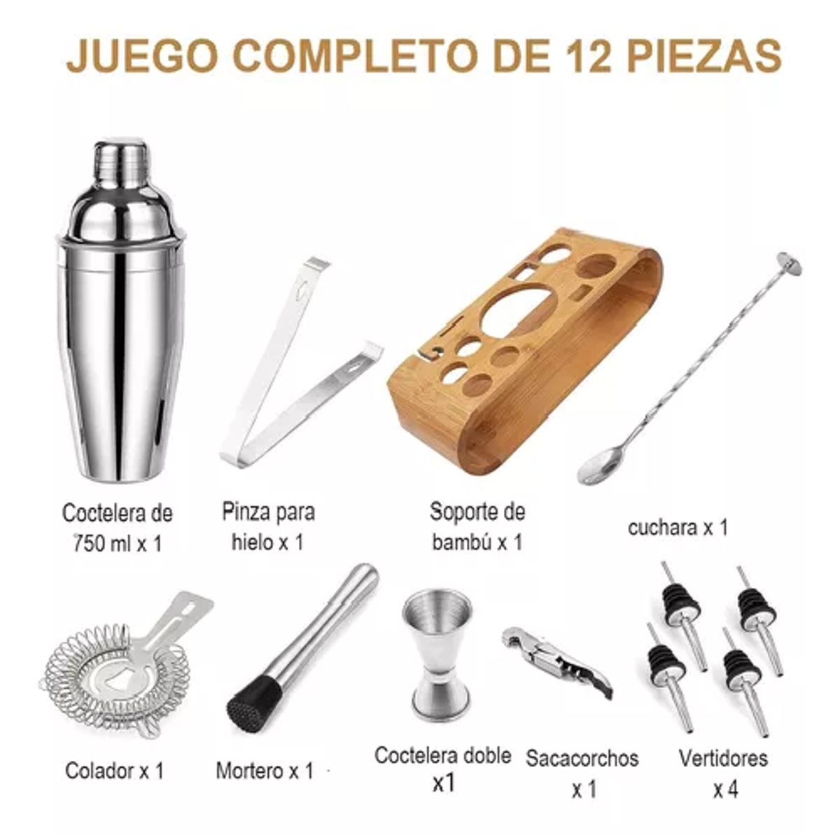 GENERICO - Kit de utensilios de coctelería con coctelera 750 ml 12 pzs