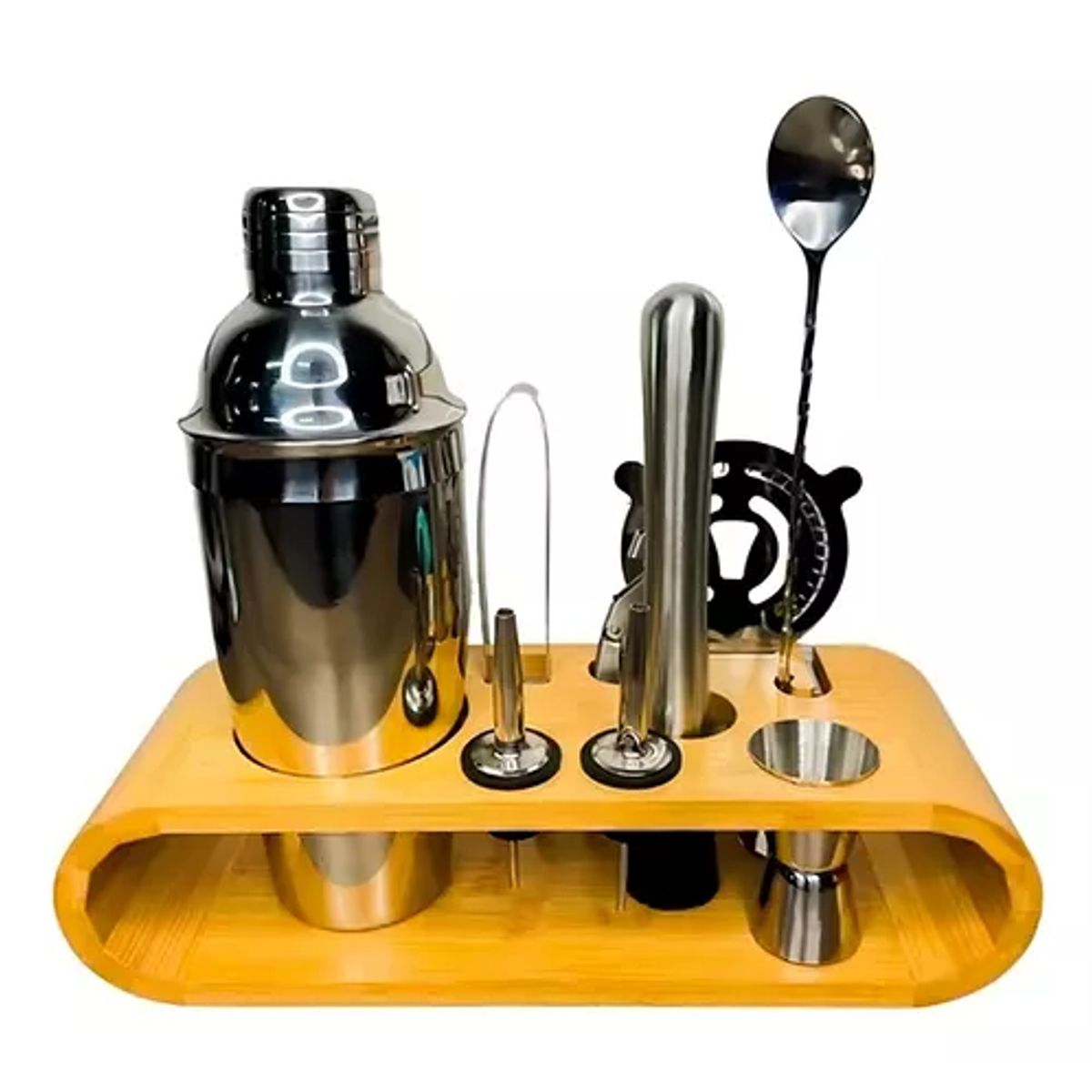 GENERICO - Set de coctelería barman 9 piezas con base de madera