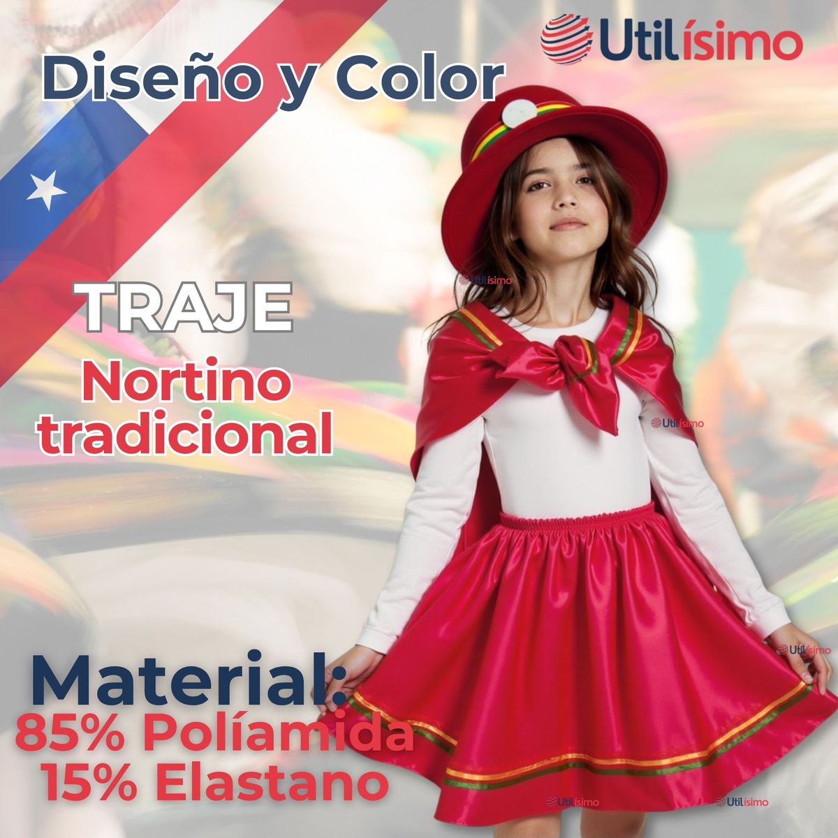 UTILISIMO - Traje Nortino Rojo 4 Piezas Niña Fiestas Patrias Baile Nortino