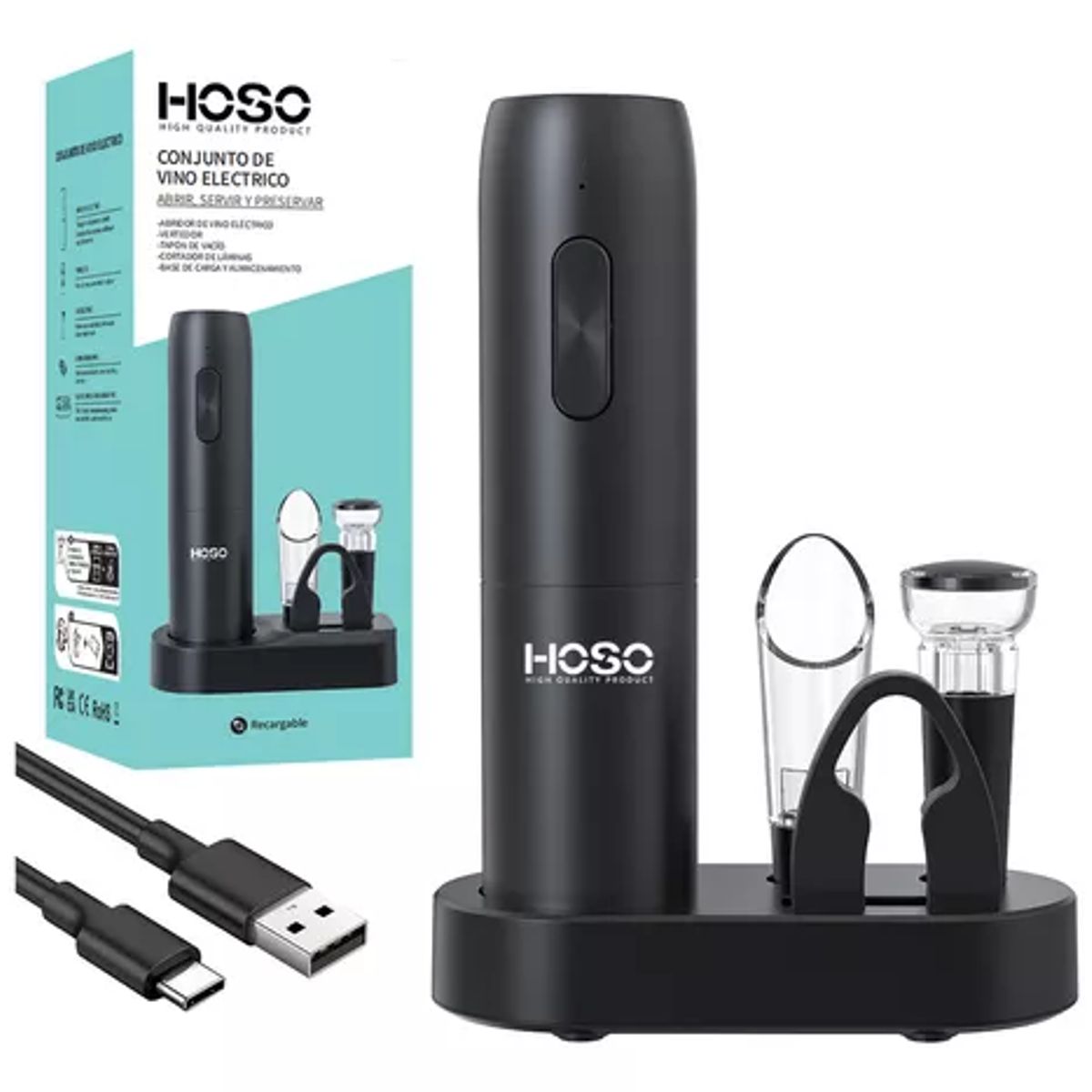 GENERICO - Kit sacacorcho descorchador eléctrico recargable negro