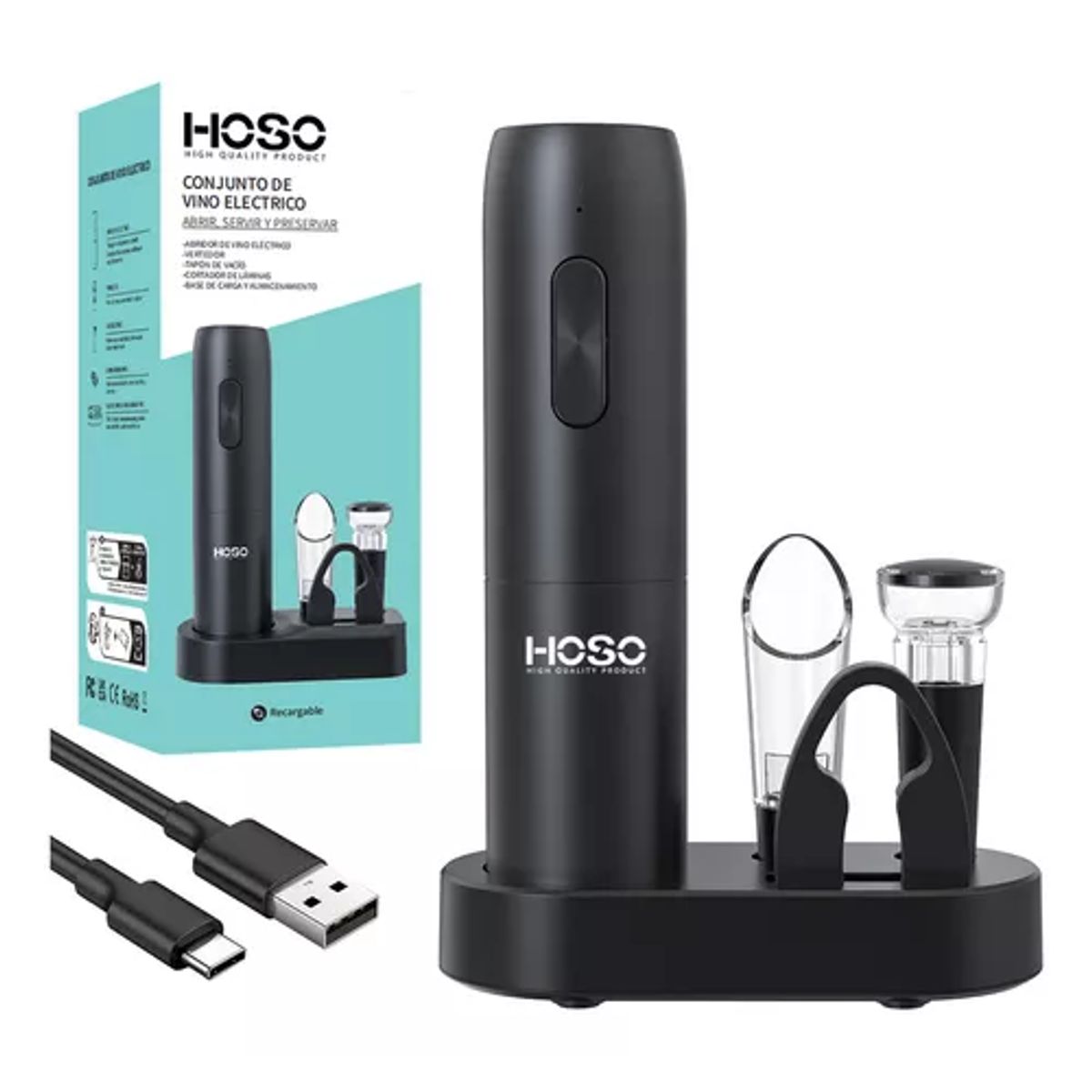 GENERICO - Kit sacacorcho descorchador eléctrico recargable negro