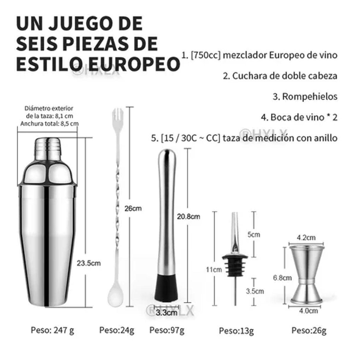 GENERICO - Juego de cócteles para bar pub 6 piezas 750 ml