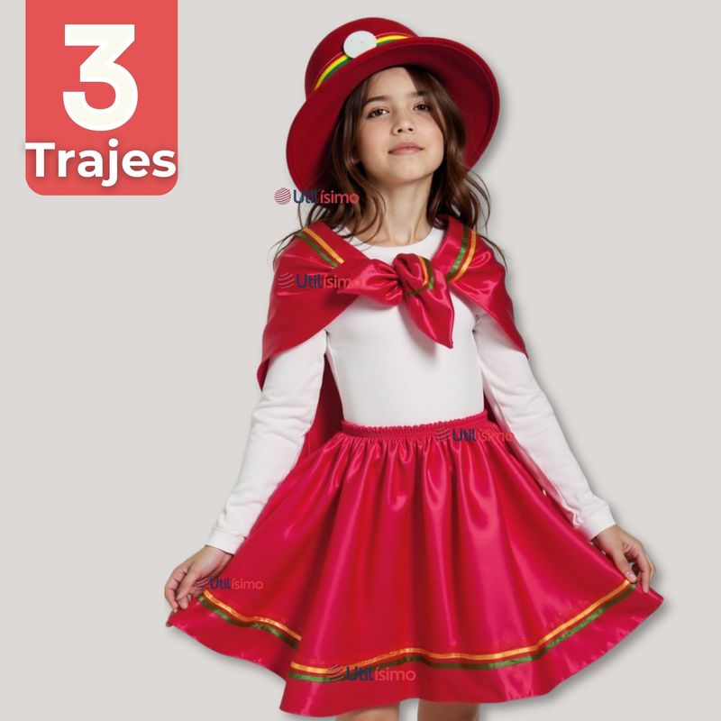 UTILISIMO - Pack 3 Traje Nortino Rojo 4 Piezas Niña Fiestas Patrias