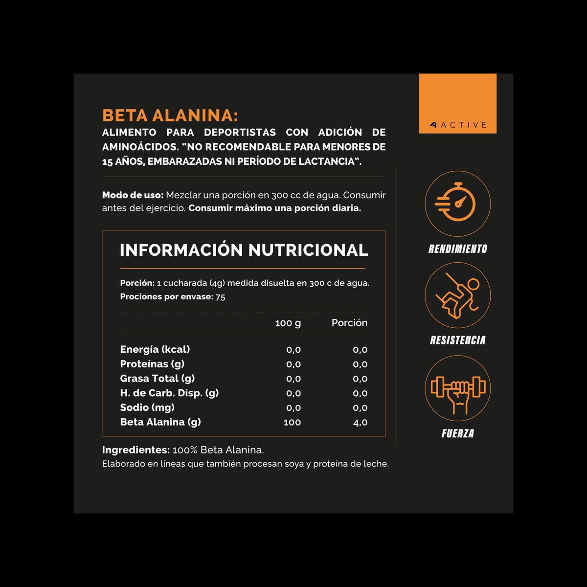 4ACTIVE - 4Active 100% Beta-Alanine - 300 Grs