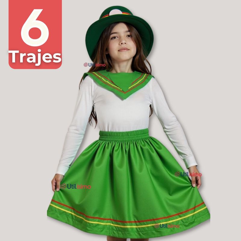 UTILISIMO - Pack 6 Traje Nortino Verde 4 Piezas Niña Fiestas Patrias