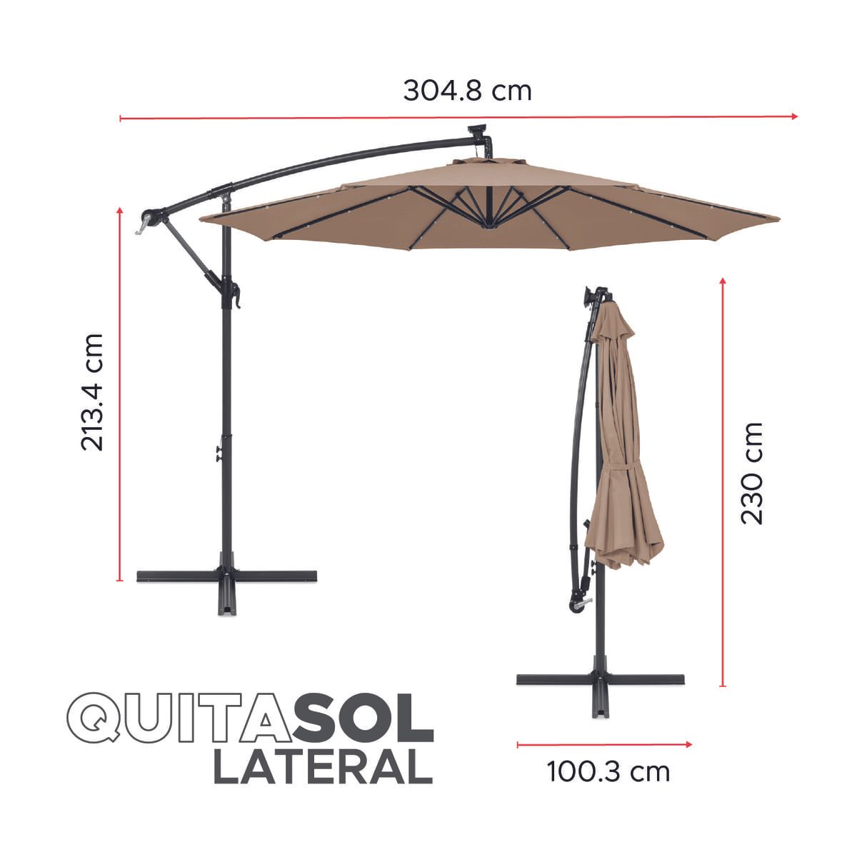 VINCENZI - Quitasol Terraza 360° 3x3 mt Panel Solar Luz Led Khaki oscuro Vincenzi