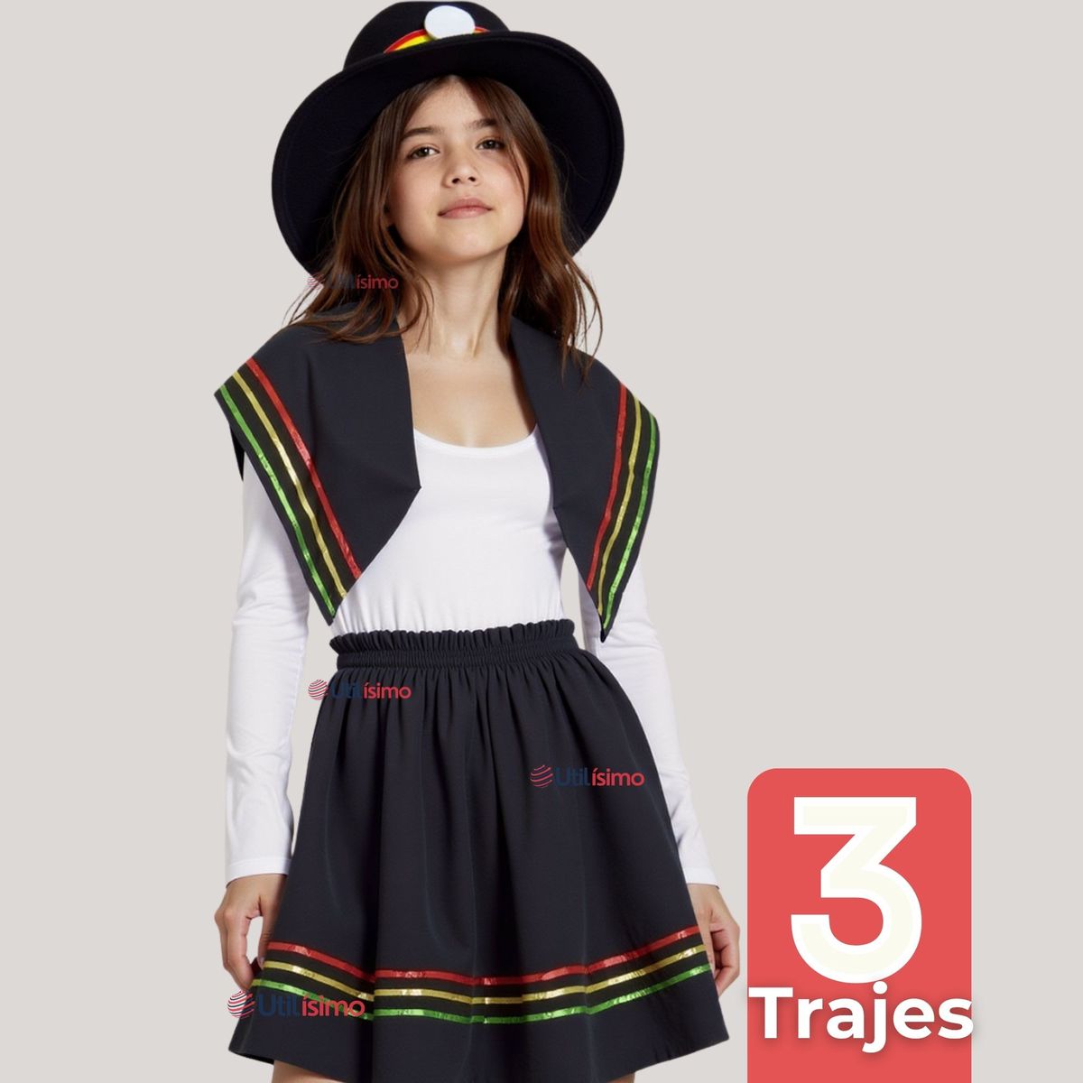 UTILISIMO - Pack 3 Traje Nortino Negro 4 Piezas Niña Fiestas Patrias