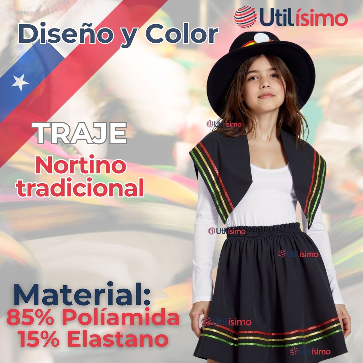 UTILISIMO - Pack 6 Traje Nortino Negro 4 Piezas Niña Fiestas Patrias