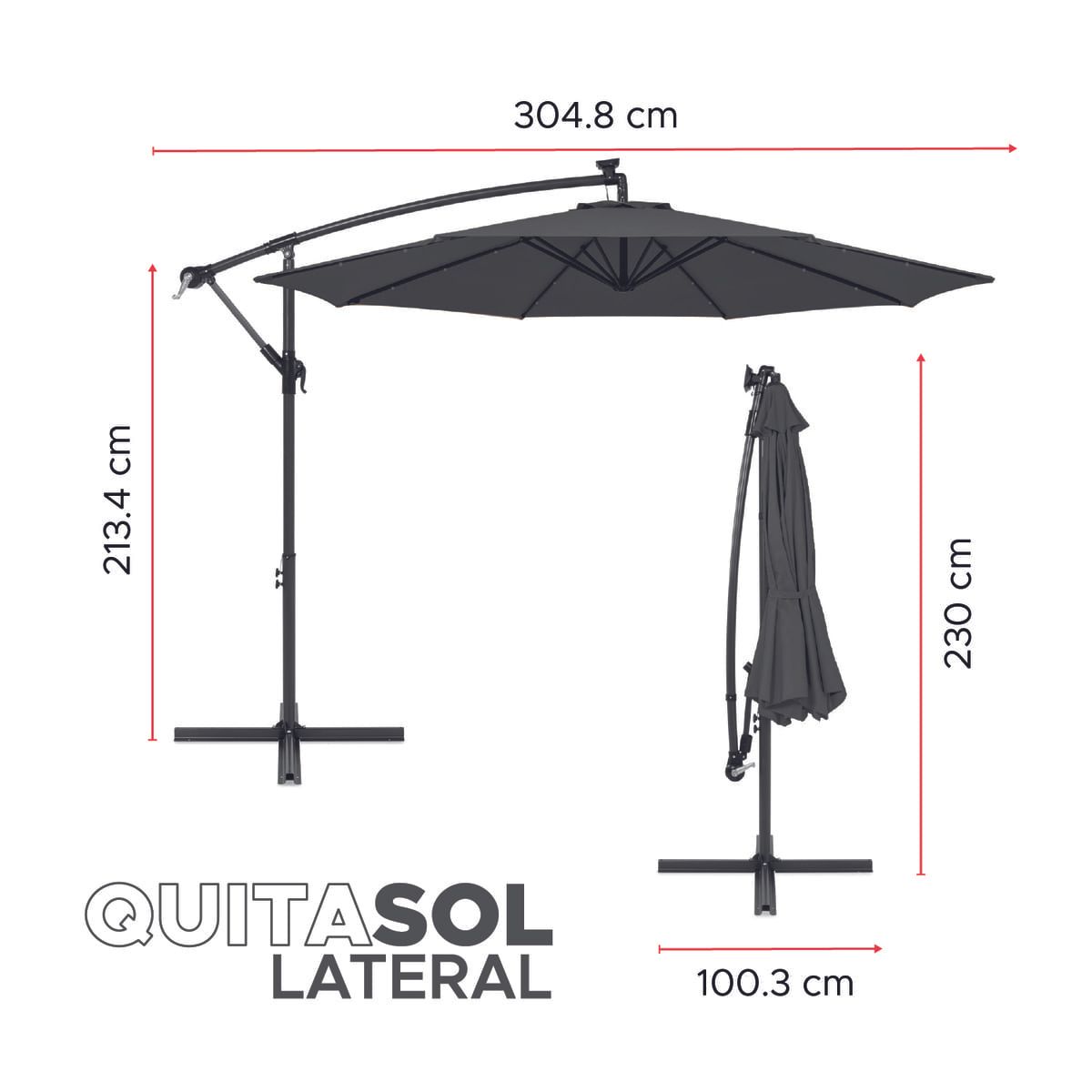 VINCENZI - Quitasol Terraza 360° 3x3 mt Panel Solar Luz Led grafito Vincenzi
