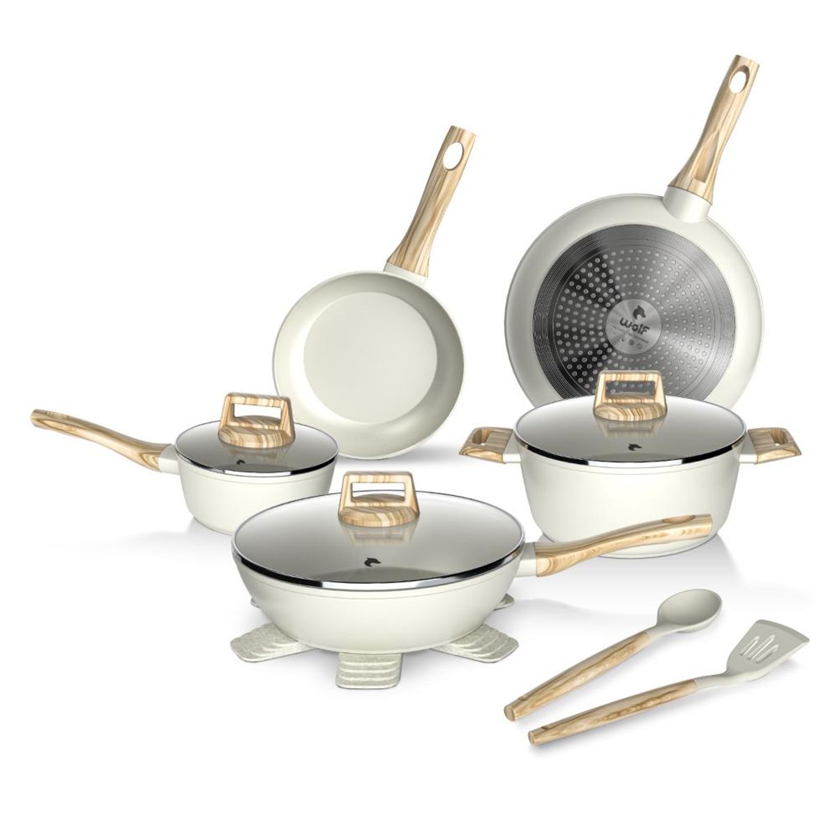 GENERICO - Bateria Cocina 14Pzs Aluminio Forjado Antiadherente Flow Beige