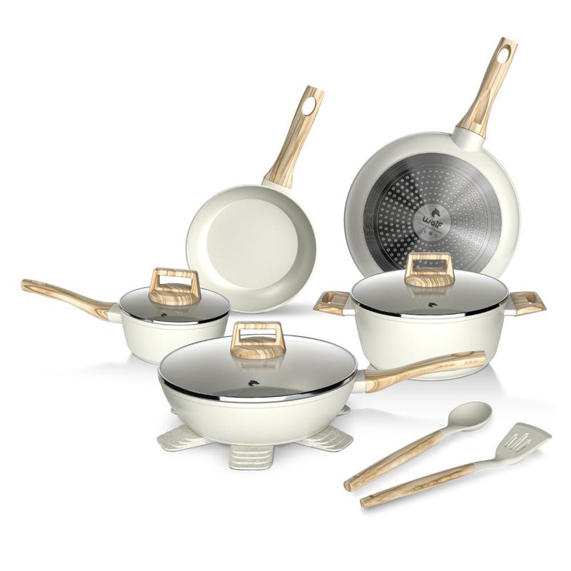 GENERICO - Bateria Cocina 14Pzs Aluminio Antiadherente Flow Beige Wolf