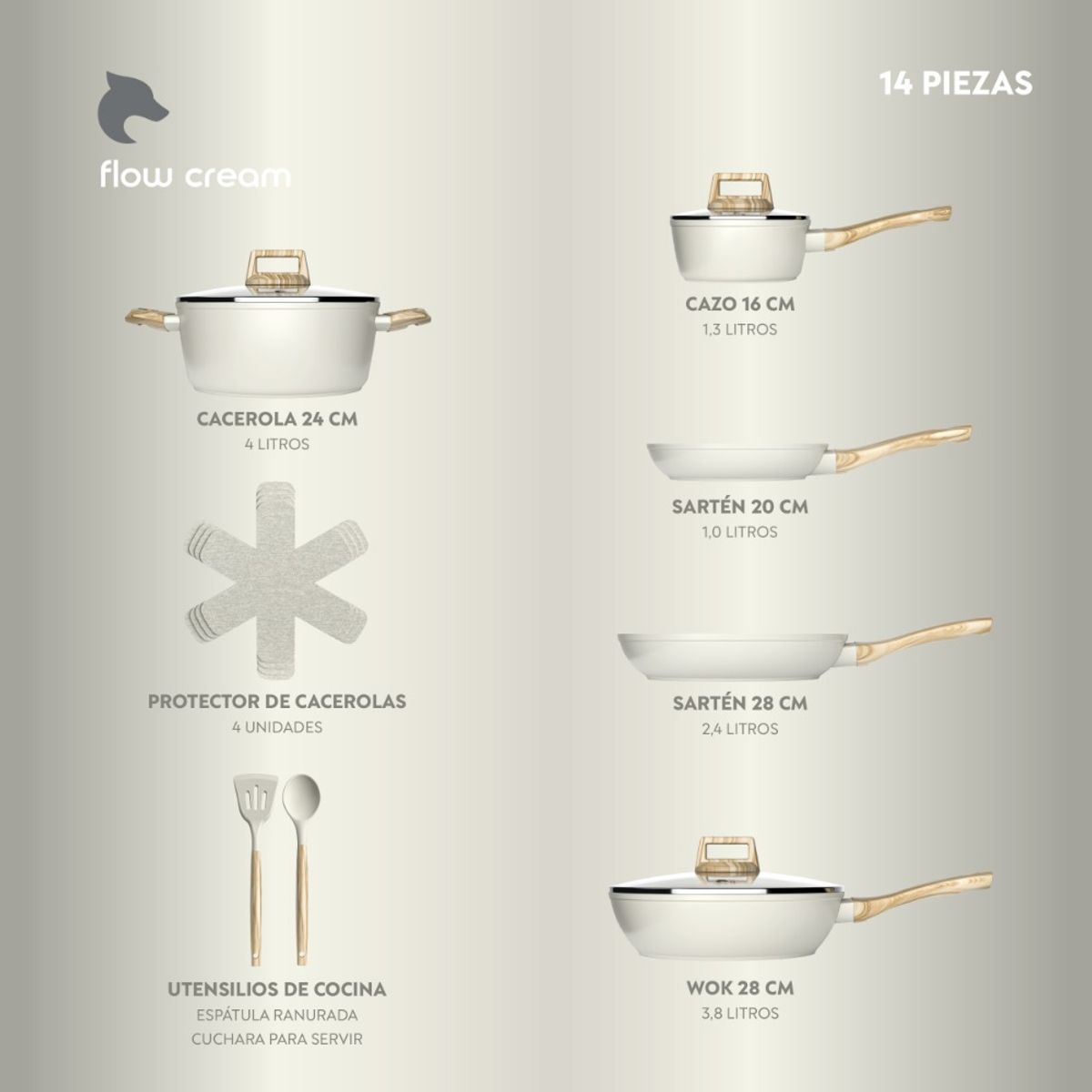 GENERICO - Bateria Cocina 14Pzs Aluminio Forjado Antiadherente Flow Beige