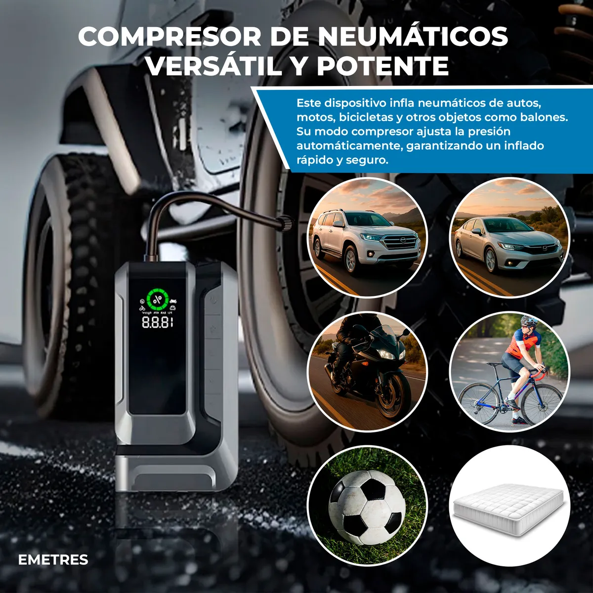 EMETRES - Compresor De Aire Portátil Vehículos Neumaticos Partidor De Baterias Auto