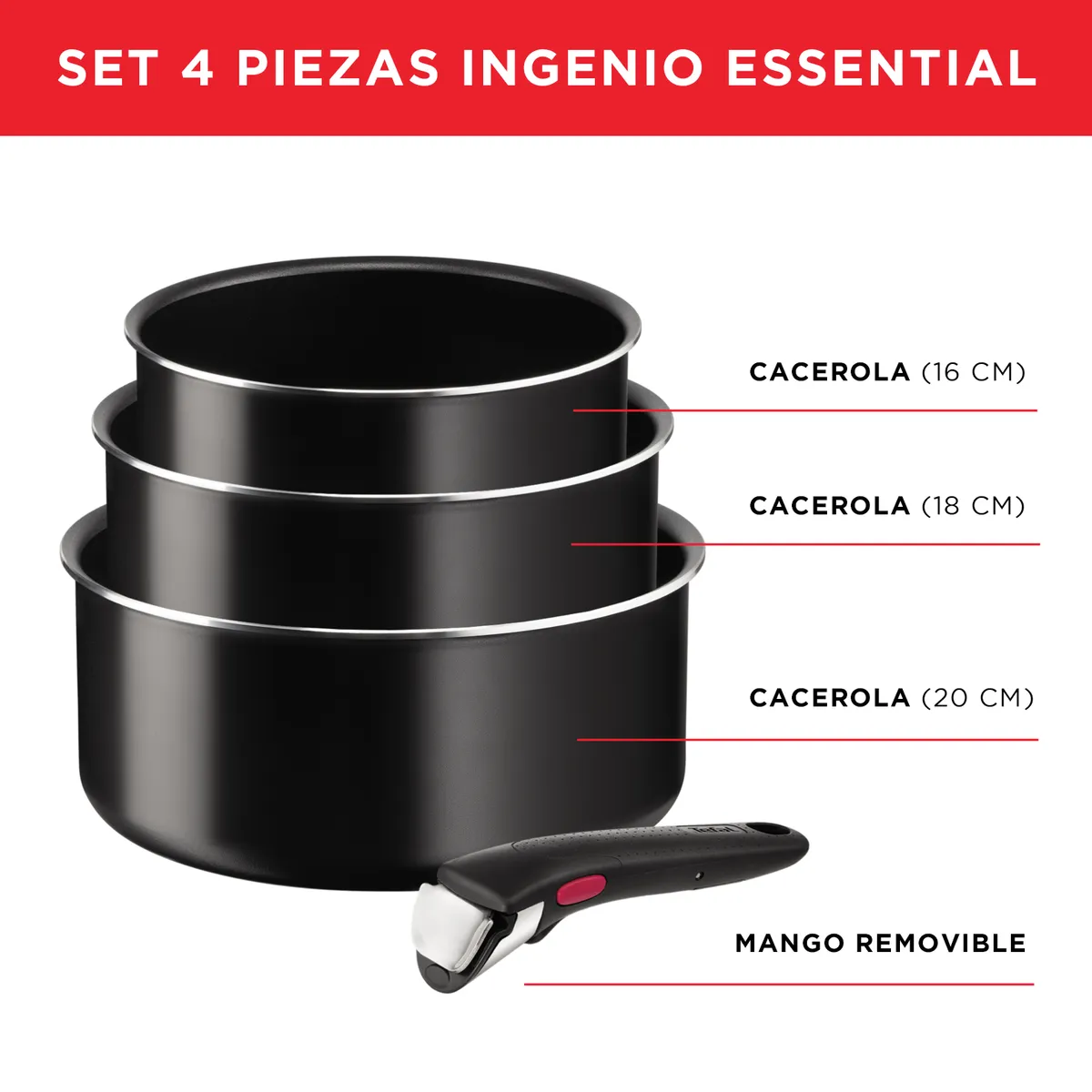 TEFAL - Set 3 ollas antiadherente 16/18/20 cm + mango Ingenio Tefal