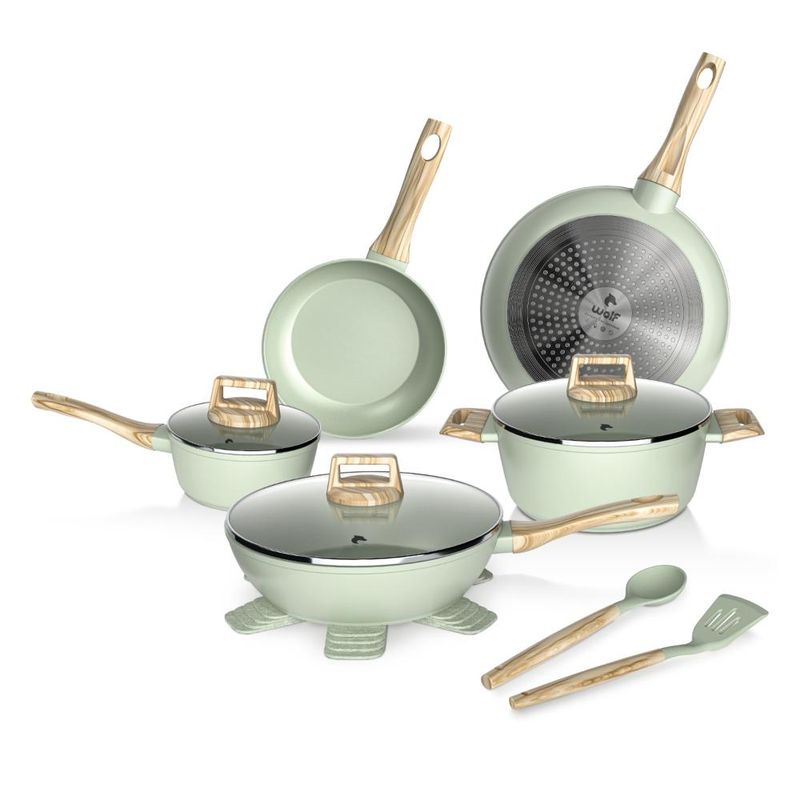 GENERICO - Batería Cocina 14Pzs Aluminio Antiadherente Flow Verde Wolf