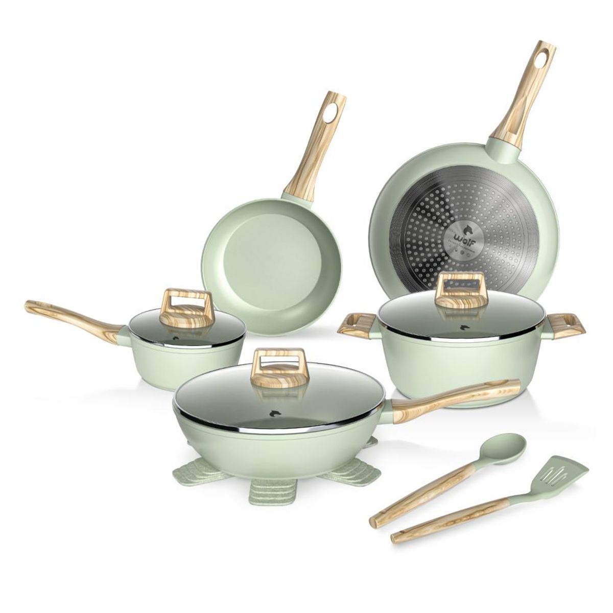 GENERICO - Batería Cocina 14Pzs Aluminio Forjado Antiadherente Flow Verde