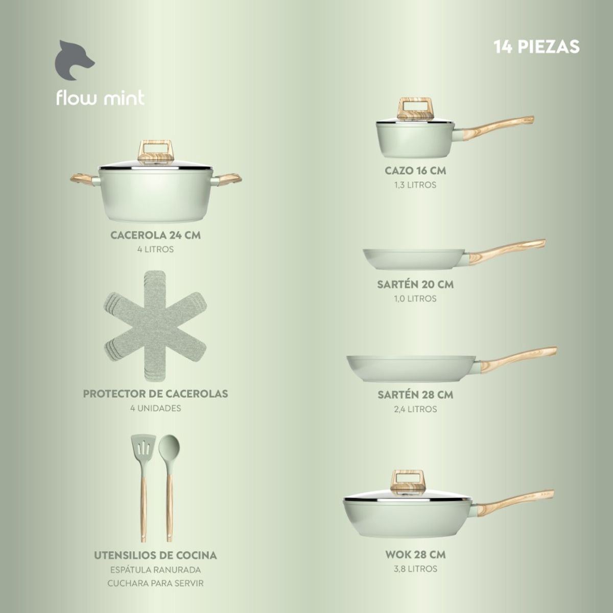 GENERICO - Batería Cocina 14Pzs Aluminio Forjado Antiadherente Flow Verde