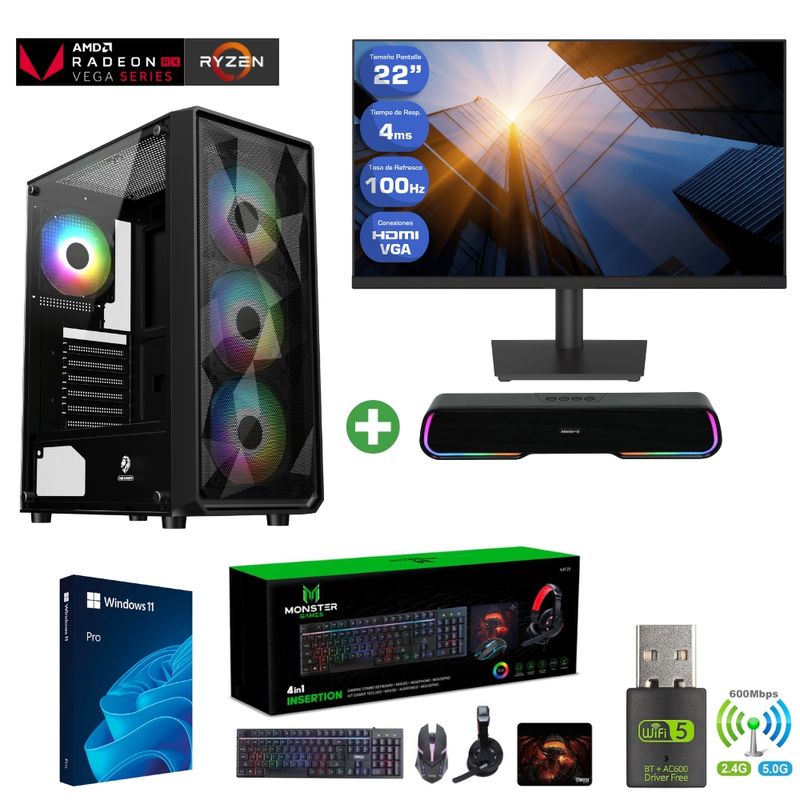 AMD CORP - Pc Gamer AMD 5 5600GT - 16GB Ram - Vega 7 - 1TB - (Monitor 22" + Parlante) PELU